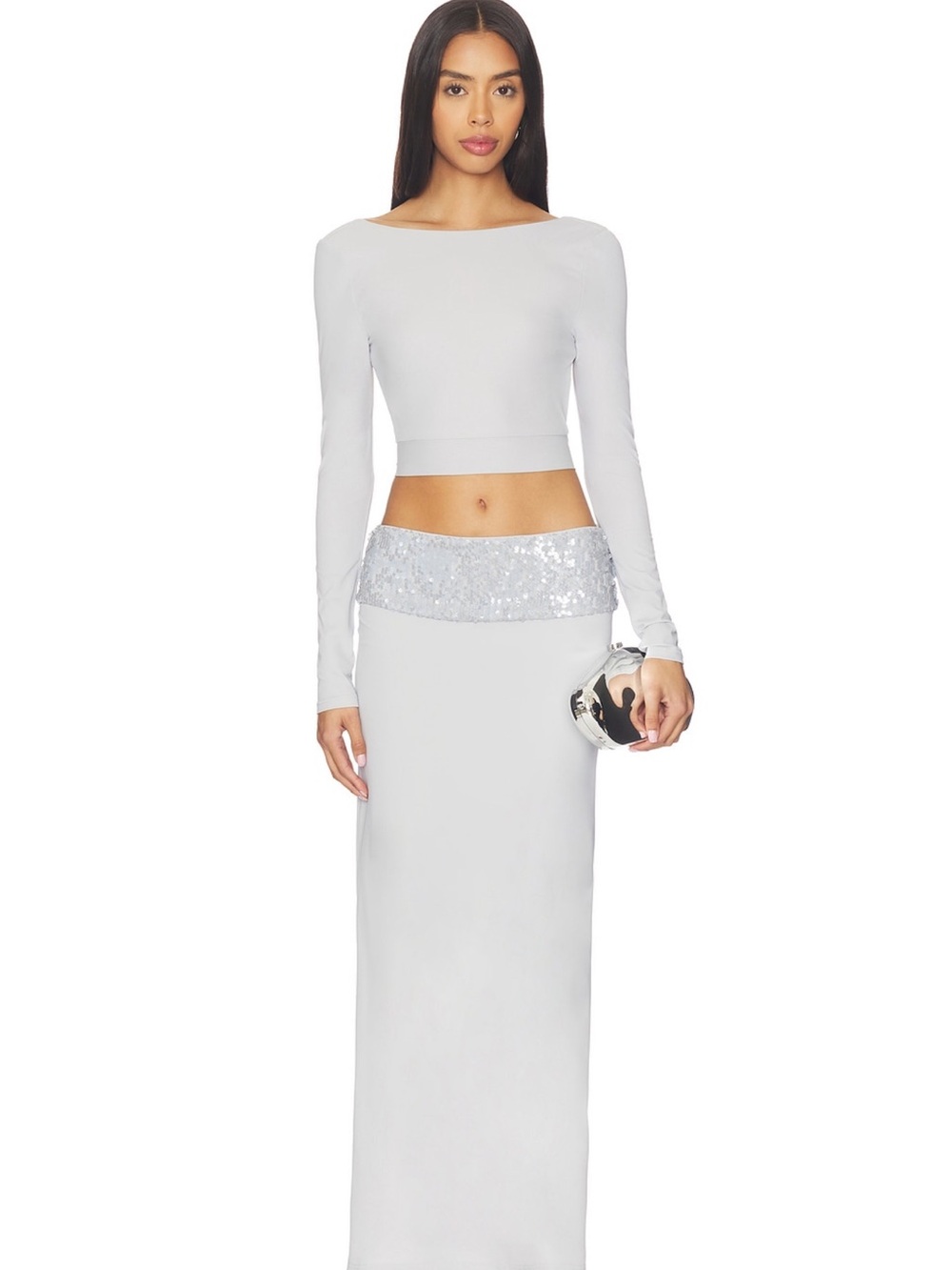 superdown Maxi Skirt with Silver Sequin Waistband and matching backless top